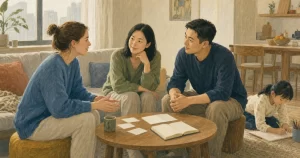 互惠生与中国接待家庭在家中交流匹配期待,孩子在一旁画画 / An au pair and a Chinese host family discuss expectations at home while a child draws nearby
